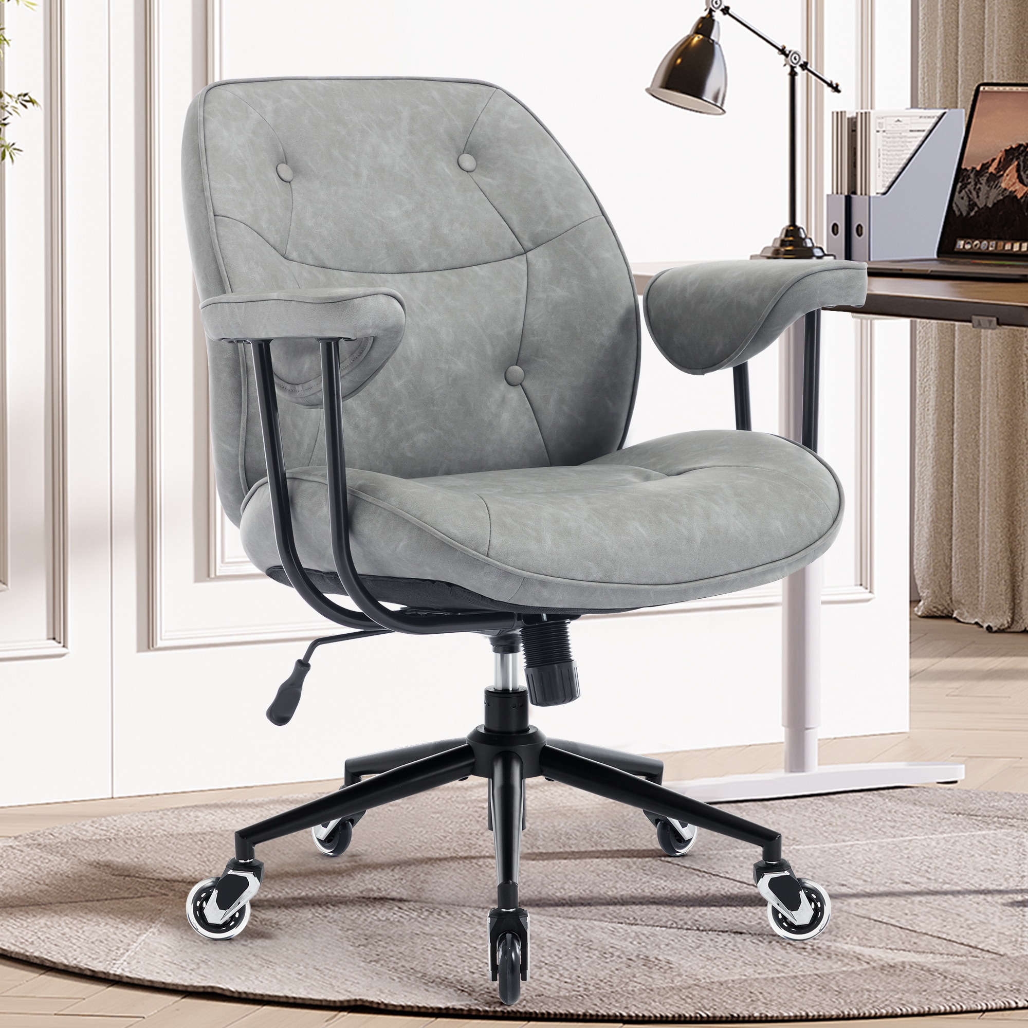 Retro Leather Office Chair With Lumbar Support And Rolling Wheels_voghion.com